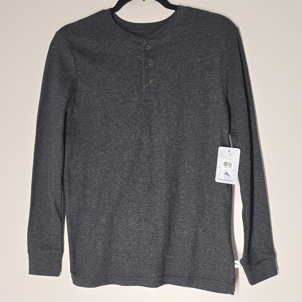 NWT Tommy Bahama Boys Thermal Henley Shirt Gray Youth Size 14 Long Sleeve